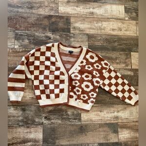 Originality Brown & Cream Flower Power/Checkered Cardigan Size Small